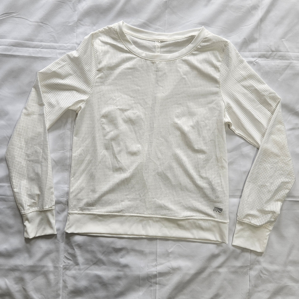 Marika White Top Sheer Mesh Slit Open Back Womens Medium Athleisure Long Sleeve